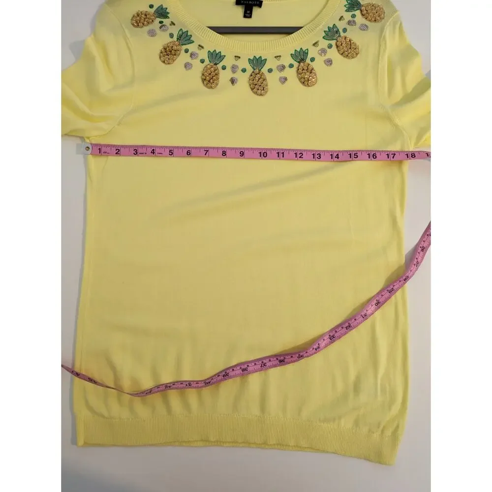 Talbots Sweater Pineapple Beaded Sequins Spring Summer Yellow Novelty Size M